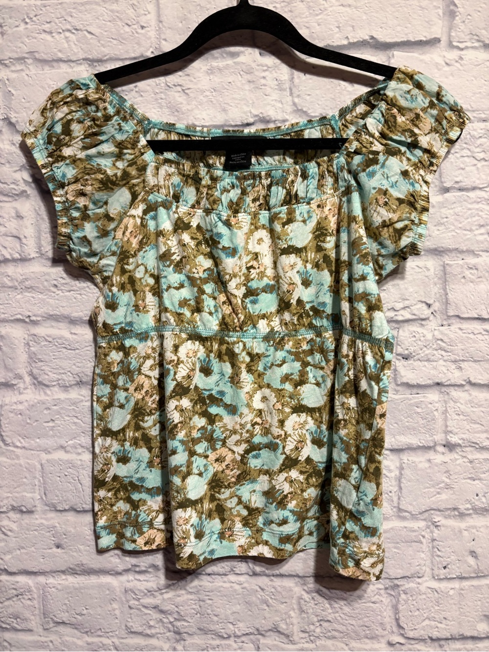 Calvin Klein Jeans Floral Off-Shoulder Blouse - Aqua Blue & Olive Petite Medium